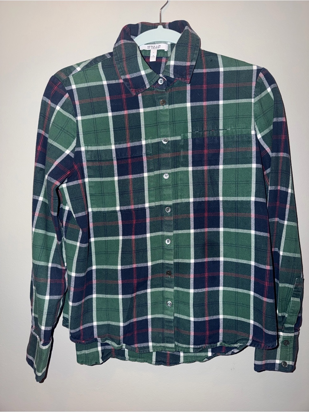 Derek Lam 10 Crosby Plaid Button-Down Shirt - Green/Navy/Red - Size 6